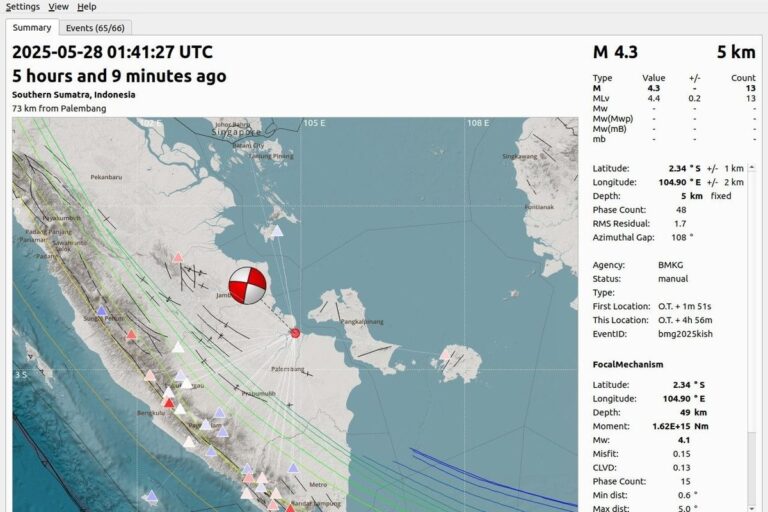 Tangkapan layar lokasi titik gempa yang mengguncang Banyuasin, Sumatra Selatan yang terjadi pada Rabu (28/5/2025).