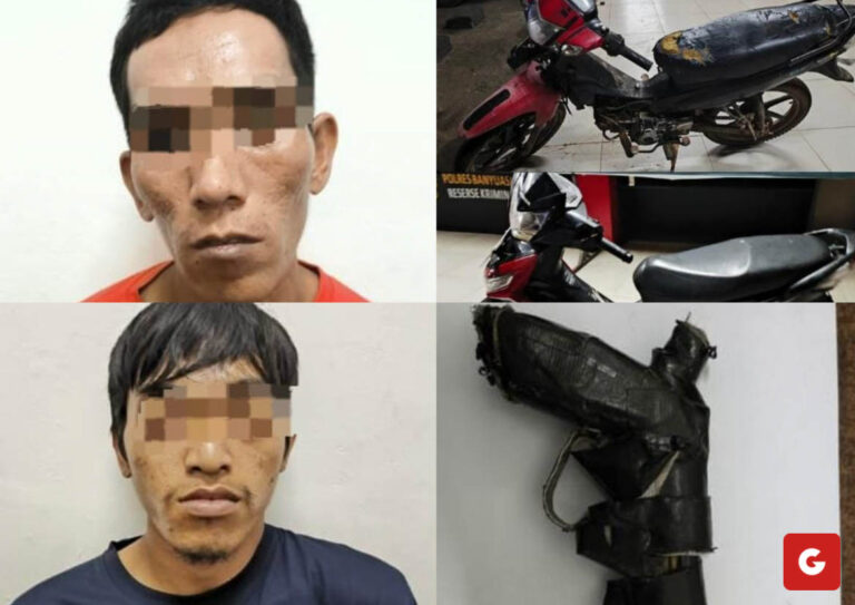 Kedua pelaku perampokan terhadap karyawan Bank BTPN Syariah beserta barang buktinya.